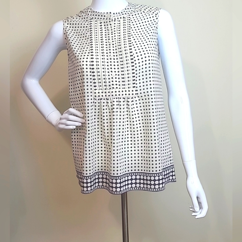 J.Crew Cream Black Polka Dot Semi Sheer Sleeveless Blouse 1/4 Button Up Size 4